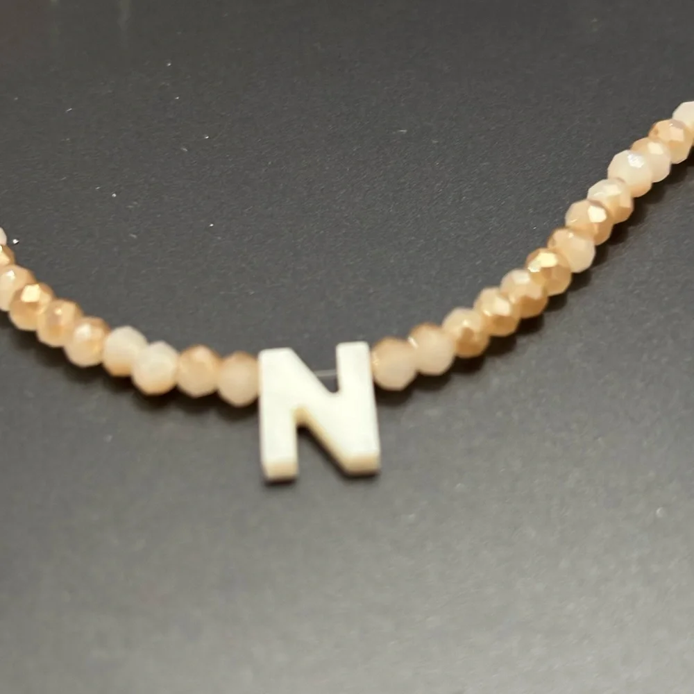 Anthropology Elegant Gold and Cream Beaded Necklace with Initial Pendant NIB